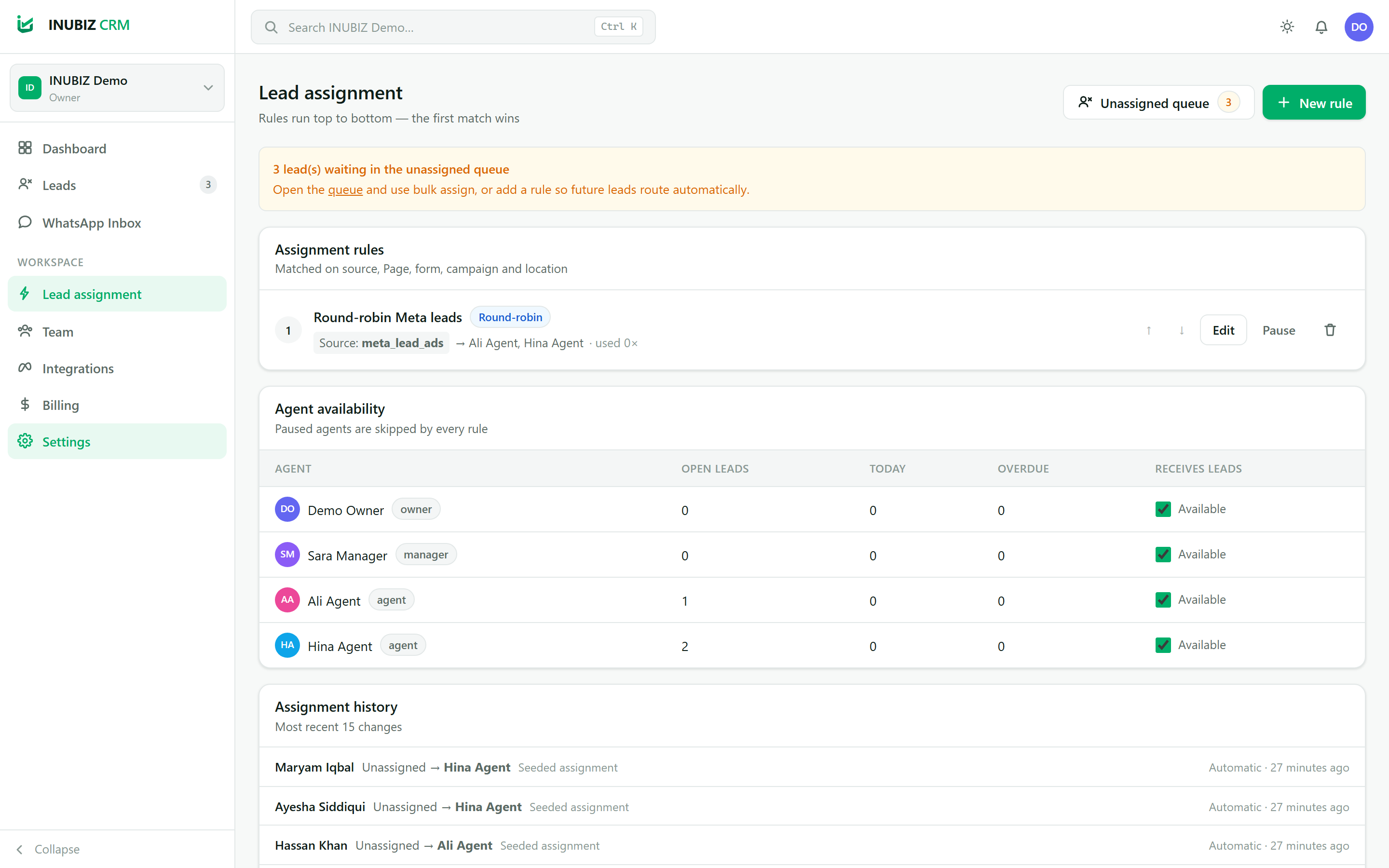 INUBIZ CRM — Lead assignment
